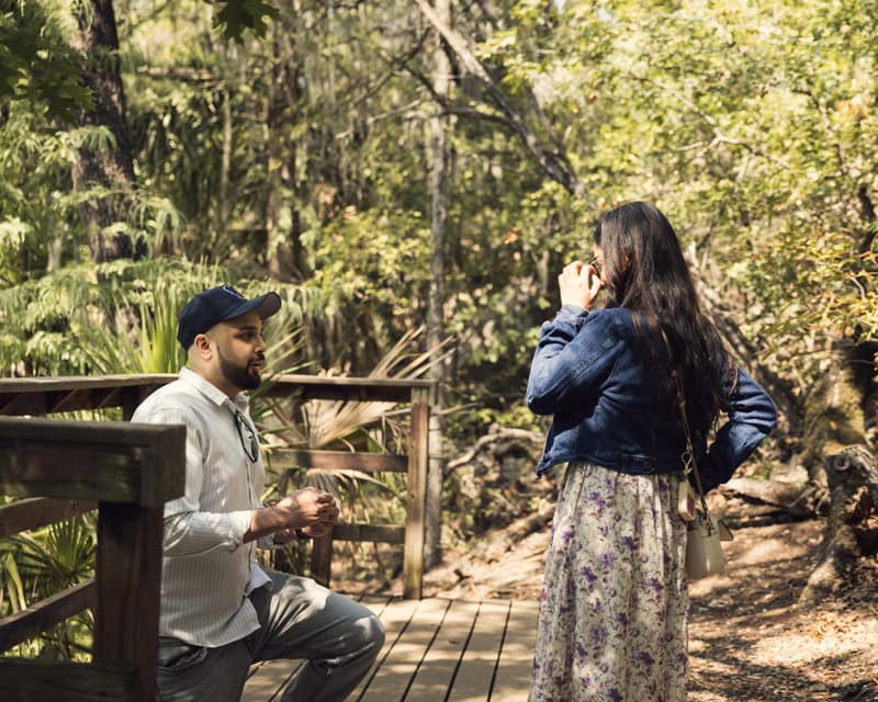 Man down on one knee on a wooden boardwalk in the woods while his partner turns away with her hand to her face, overwhelmed by the proposal