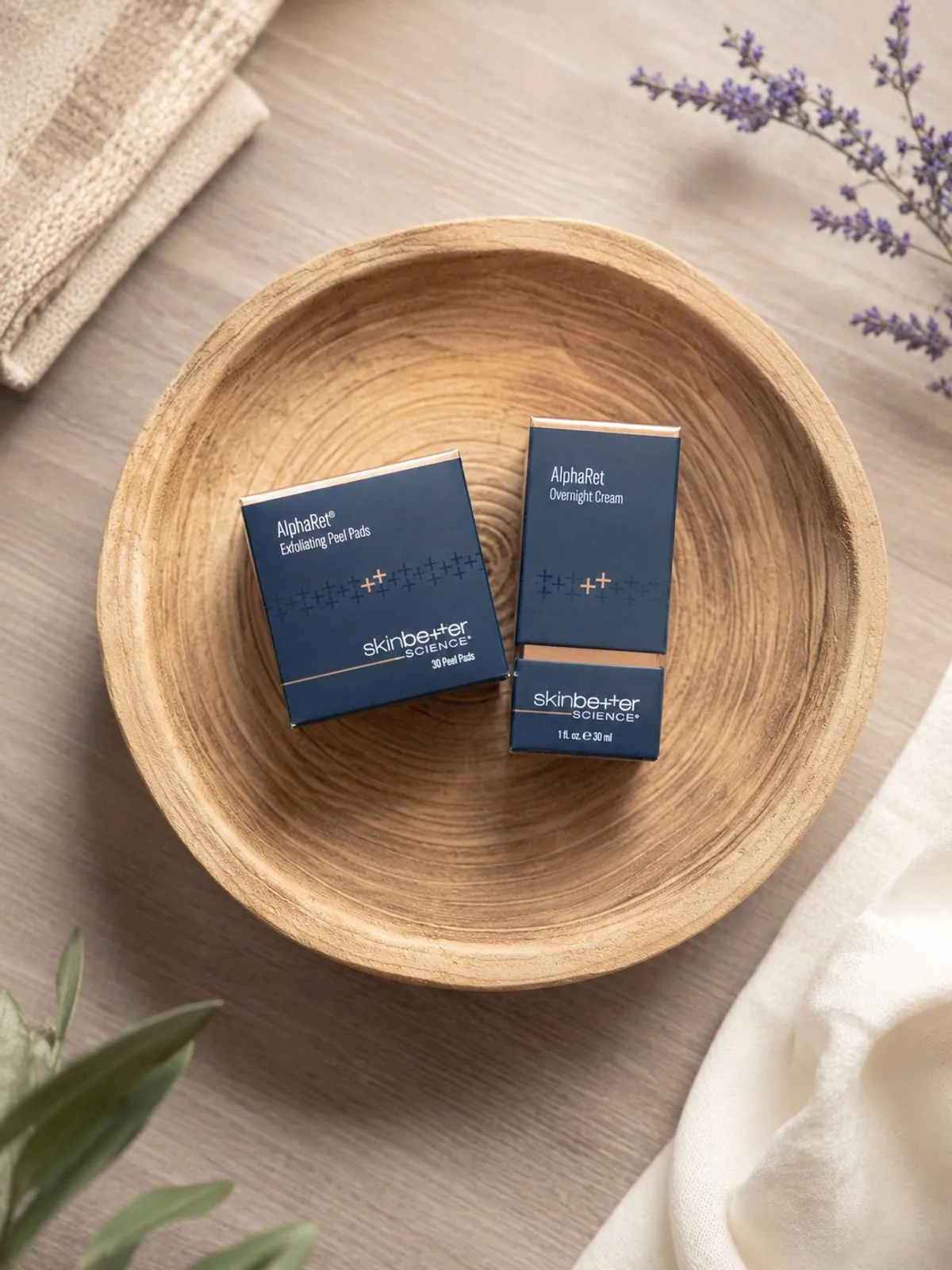 Boxed skincare products arranged on a woven tray · SKYN Med Spa