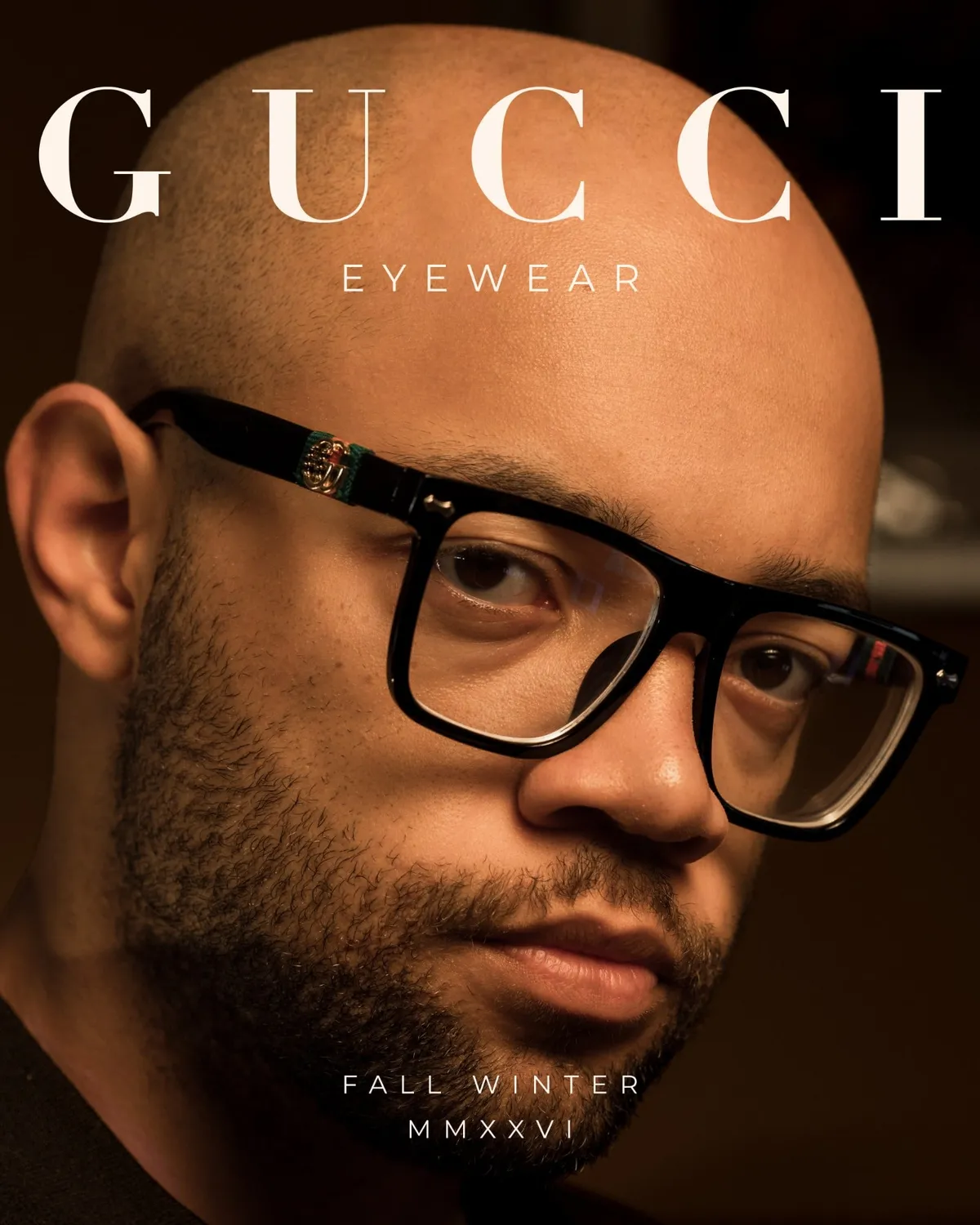 Low-key portrait of a bearded man in black rectangular glasses, eyewear campaign cover · Luxury eyewear, Fall Winter