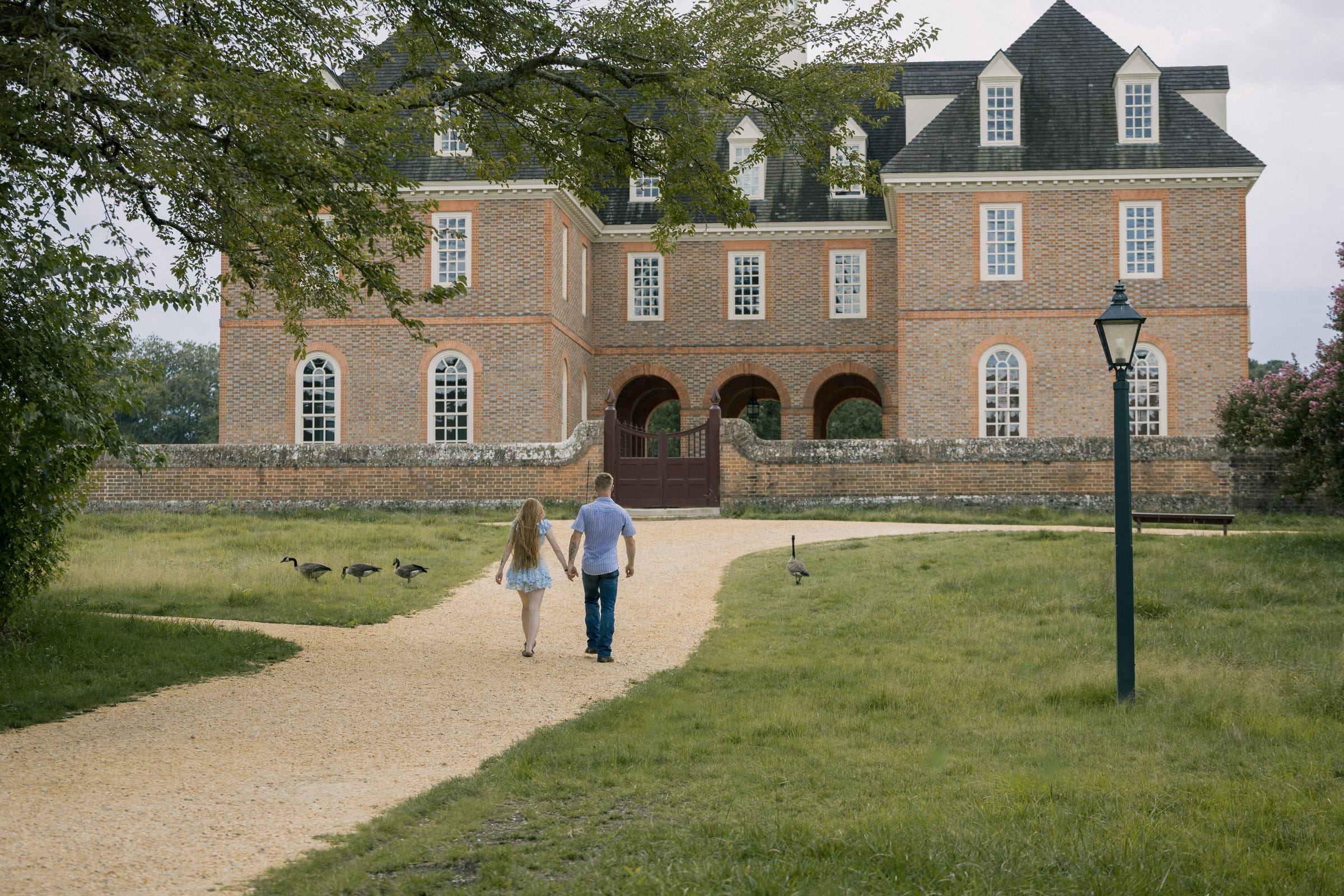 Couple walking hand in hand up a curving gravel path toward a grand colonial brick building, geese grazing on the lawn beside them